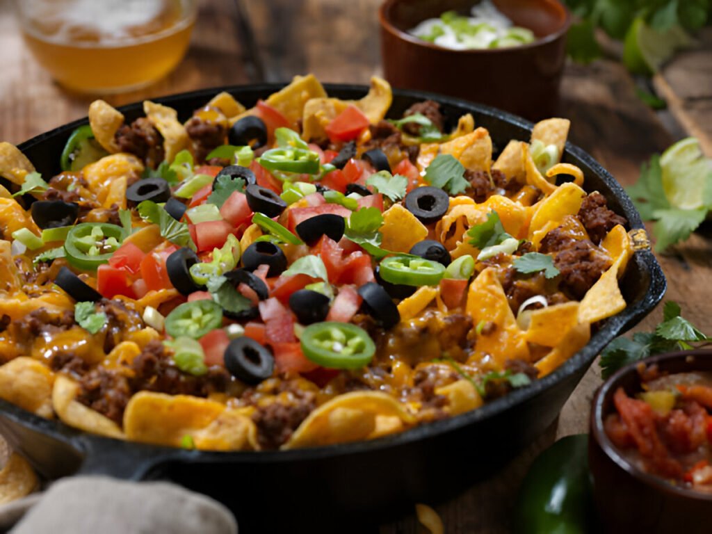 baked frito pie with black olives tomatoes green onions jalapenos salsa guacamole