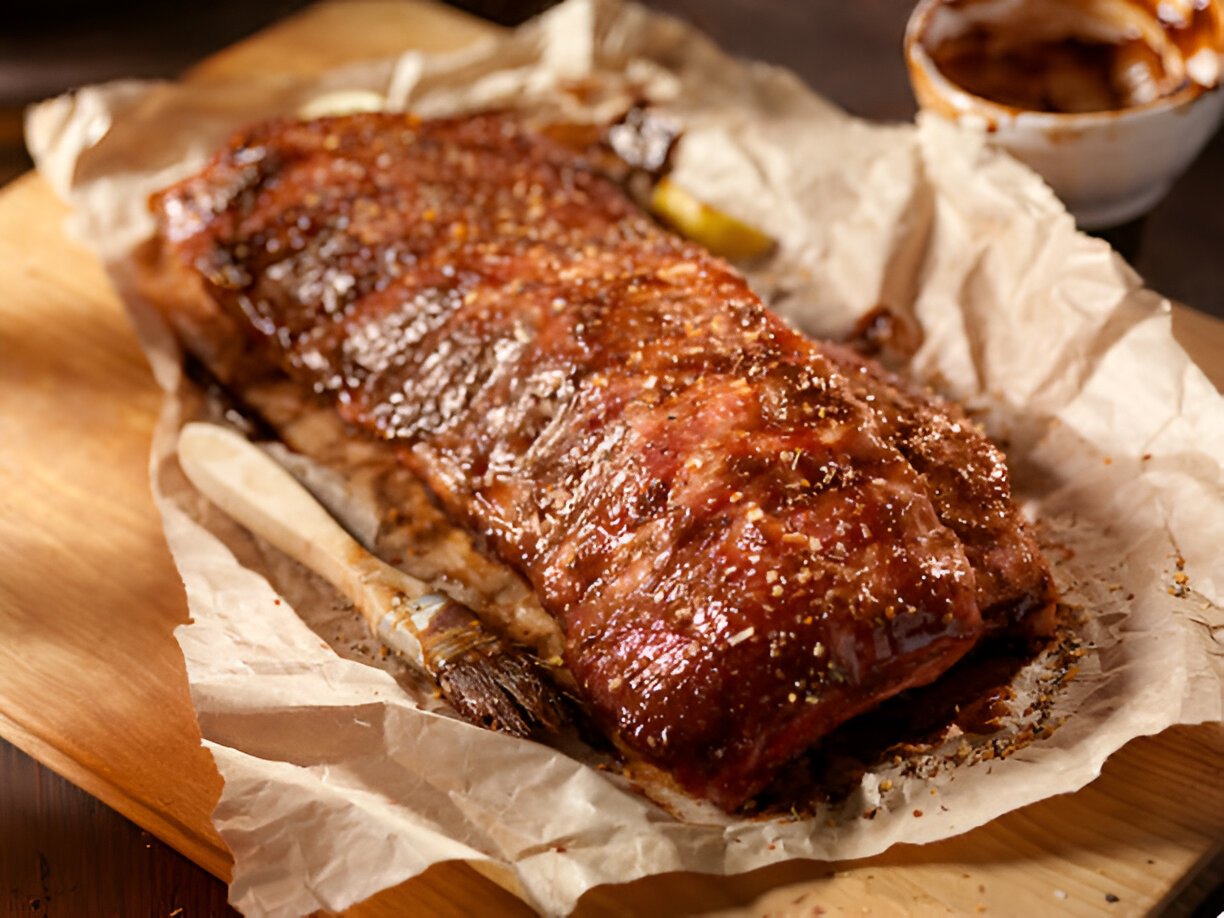 bbq baby back pork ribs in butcher paper
