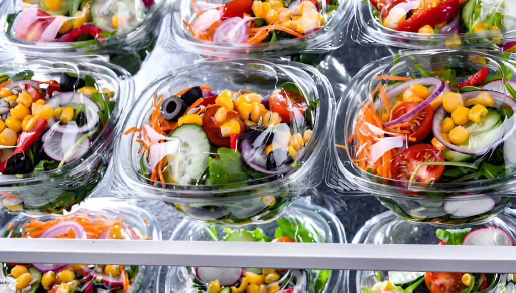 boxes with pre packaged-vegetable-salads in a commercial fridge
