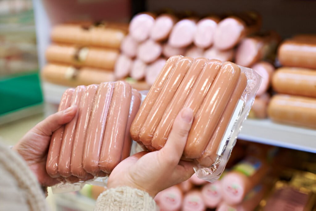 chooses sausages in vacuum package at store