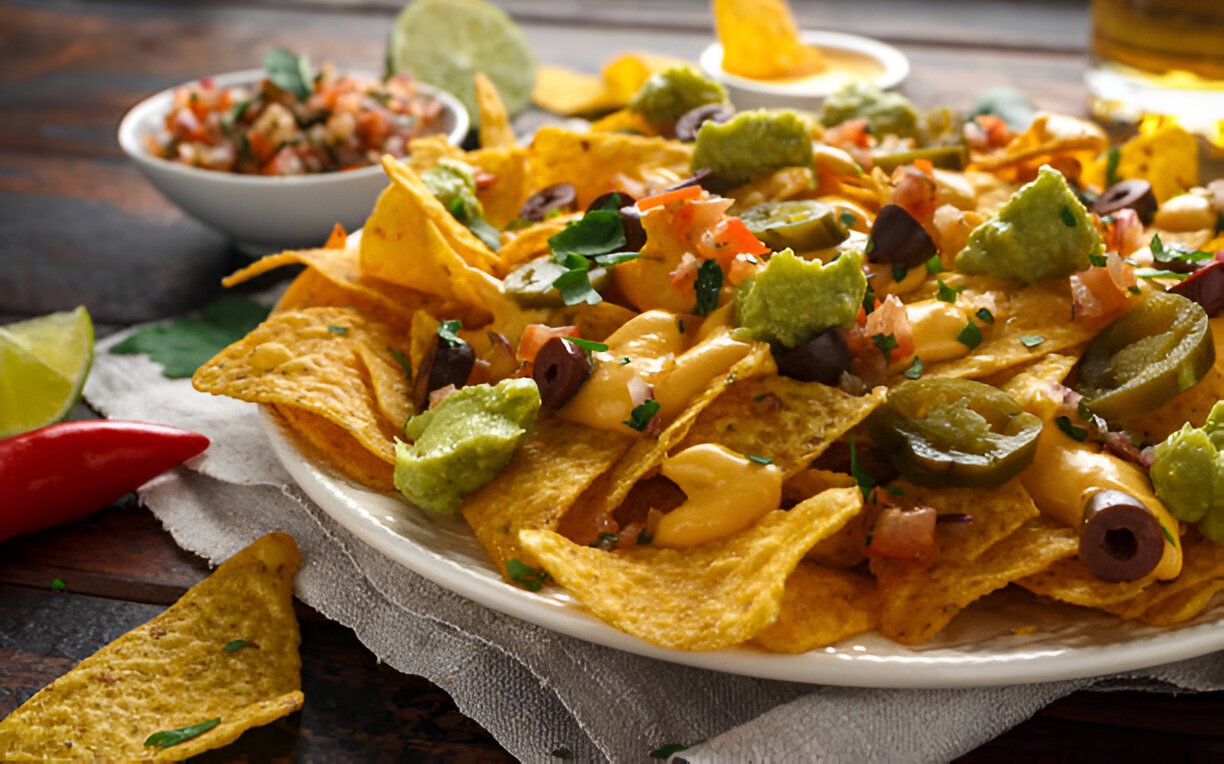 mexican nachos tortilla chips with olives jalapeno guacamole tomatoes salsa cheese