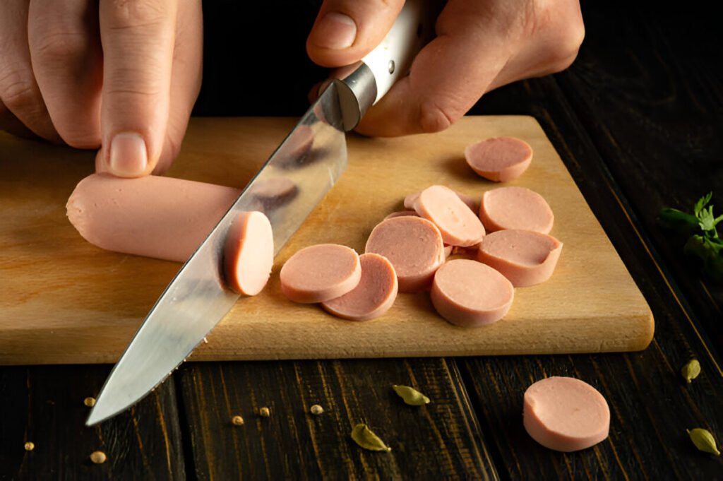 slicing vienna sausage on a kitchen board