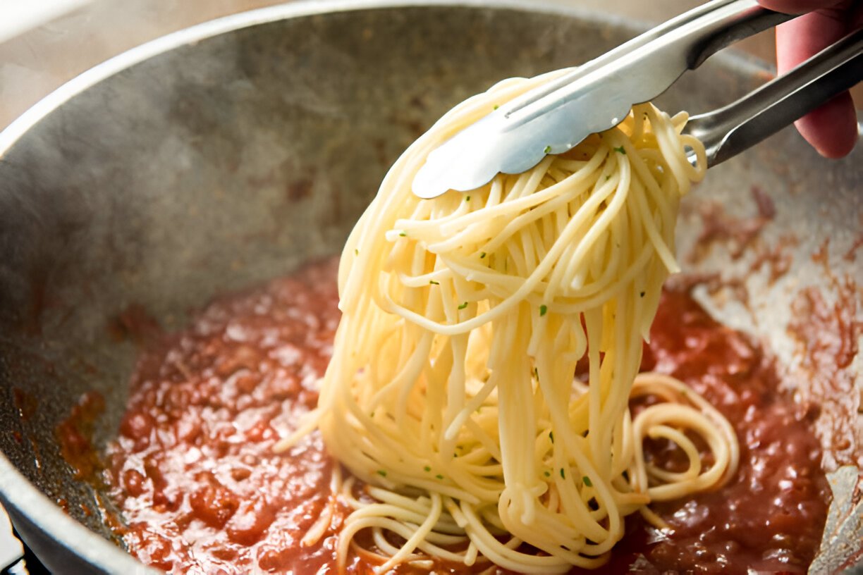 spaghetti being put in the pan-with hot bolognese sauce