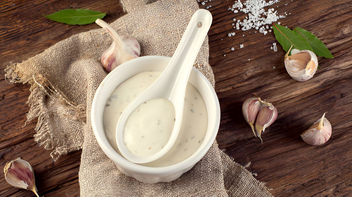 bowl of garlic sauce or mayonnaise