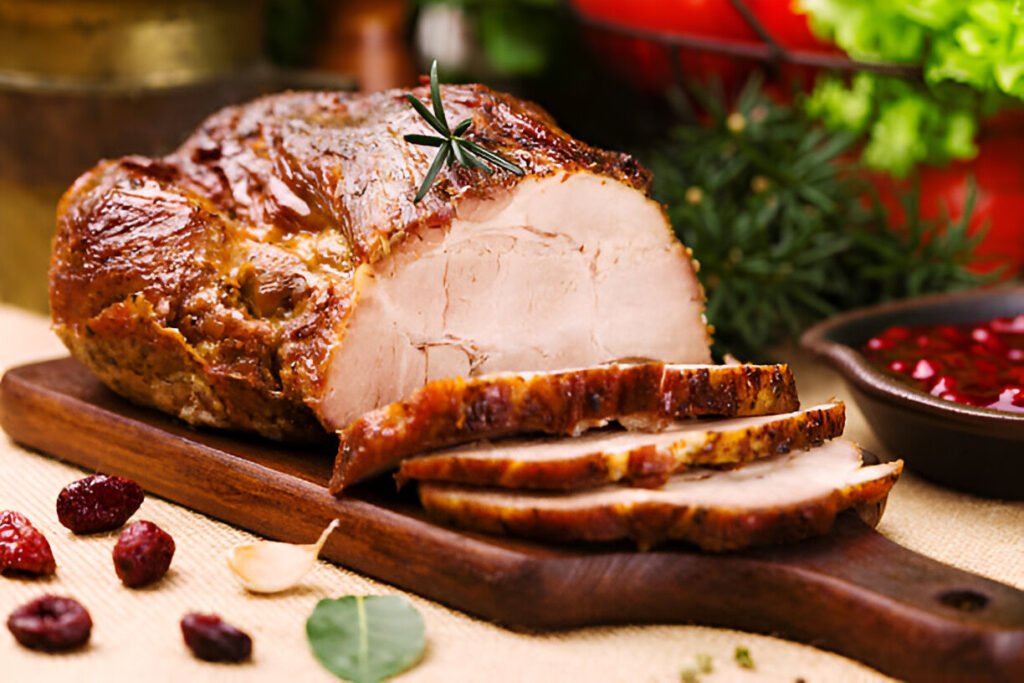 roast pork with cranberry dip-basil coriander and rosemary