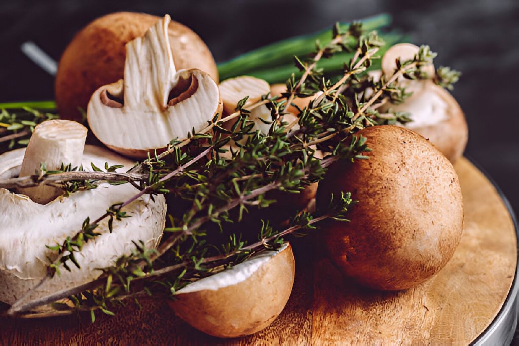 edible mushrooms and green spices