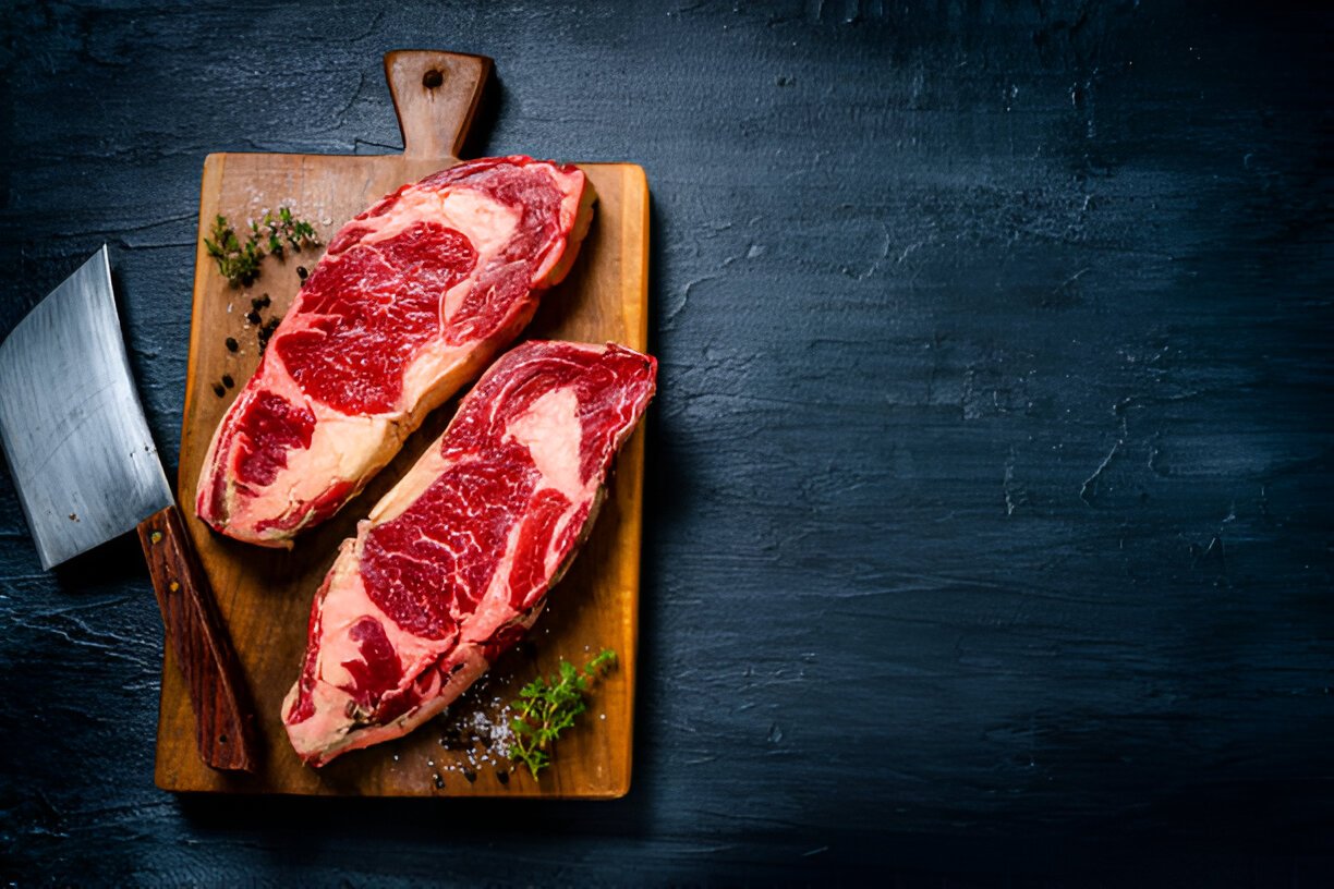 raw beef steak fillets on dark table