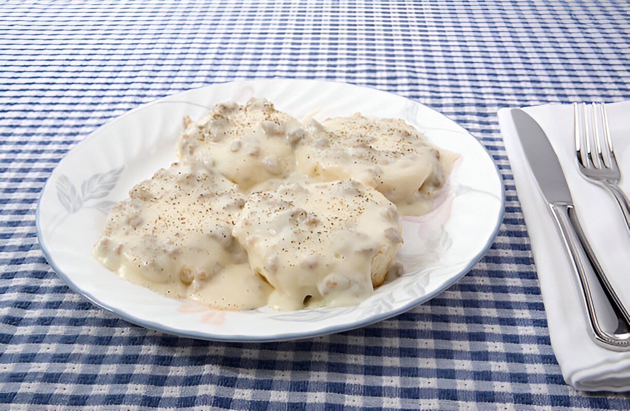 homemade biscuits with country gravy and sausage