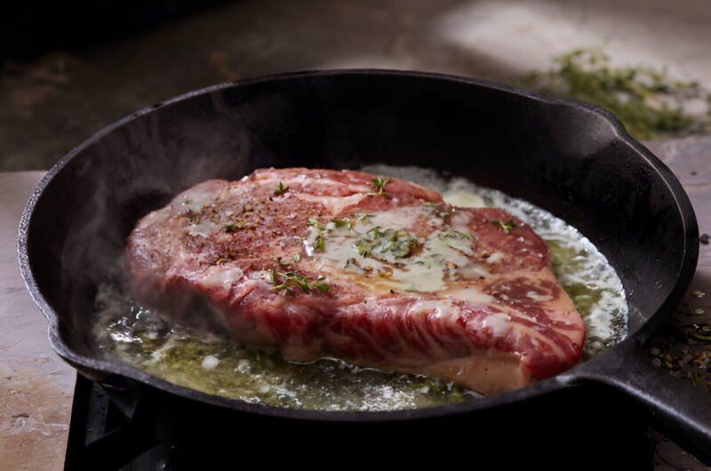 pan searing beef eye rib steak